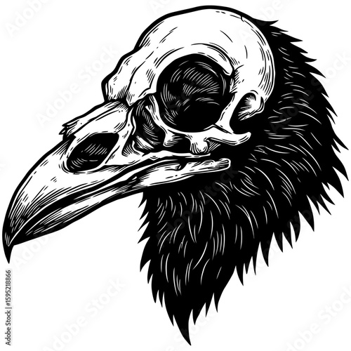 Vintage Vector Illustration of Raven with Exposed Skull – Gothic Bird Art"