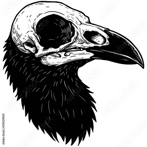 Vintage Vector Illustration of Raven with Exposed Skull – Gothic Bird Art"
