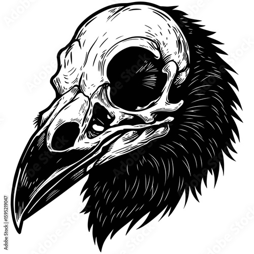 Vintage Vector Illustration of Raven with Exposed Skull – Gothic Bird Art"