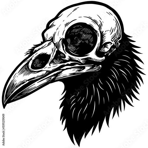 Vintage Vector Illustration of Raven with Exposed Skull – Gothic Bird Art"