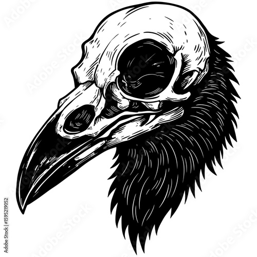 Vintage Vector Illustration of Raven with Exposed Skull – Gothic Bird Art"