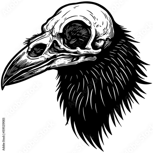 Vintage Vector Illustration of Raven with Exposed Skull – Gothic Bird Art"