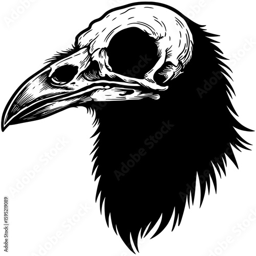 Vintage Vector Illustration of Raven with Exposed Skull – Gothic Bird Art"