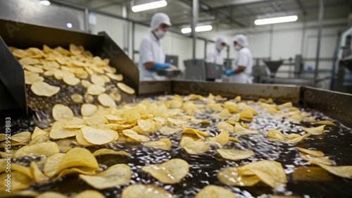 Potato chips industrial production in food factory, frying in hot oil and quality control