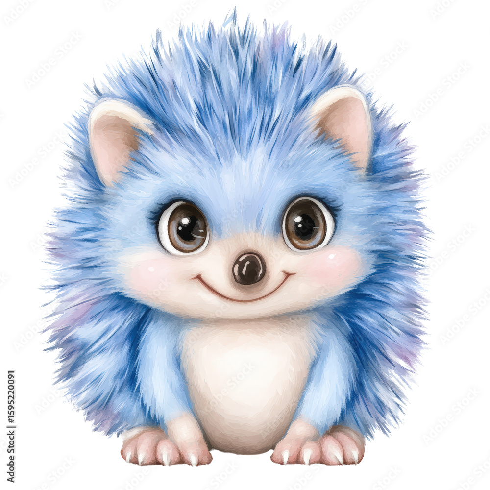 Obraz premium Cute cartoon blue hedgehog character with big expressive eyes smiling adorable animated animal illustration