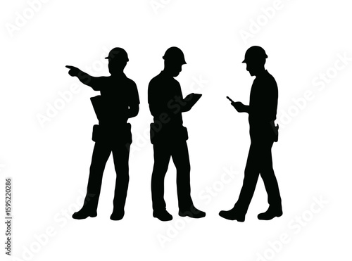 Three construction workers in silhouette collaborating on a project isolated on transparent background