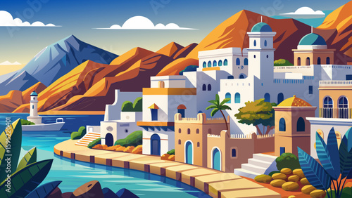 Muscat, Oman – Whitewashed buildings and mountain backdrops meet the sea, crafting a calm and traditional vector experience.