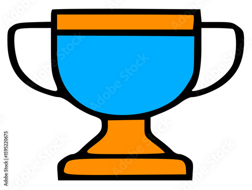 A stylized, cartoon-like illustration of a trophy, featuring a vibrant blue bowl and orange base.
