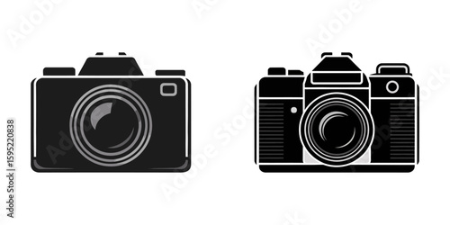 Camera icons set in black filled and stroke line style, Camera dslr silhouette set vector design big pack of illustration and icon, Vintage camera silhouette set with different angles black vector.