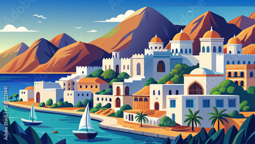 Muscat, Oman – Whitewashed buildings and mountain backdrops meet the sea, crafting a calm and traditional vector experience.