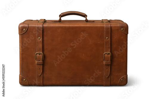 Vintage brown leather suitcase standing closed against transparent background, evoking nostalgic travel memories and wanderlust