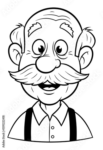 Black and White Cartoon Portrait of a Cheerful Old Man with a Mustache and Suspenders