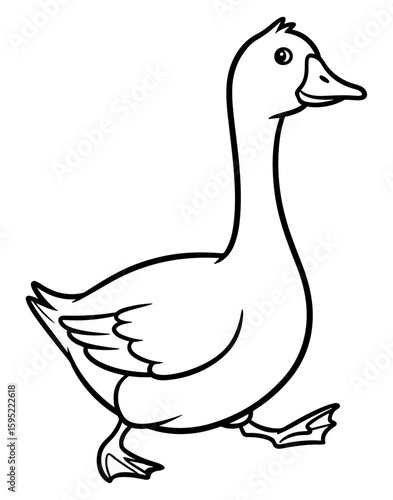 Cartoon Illustration of a Goose Walking, Black and White Outline
