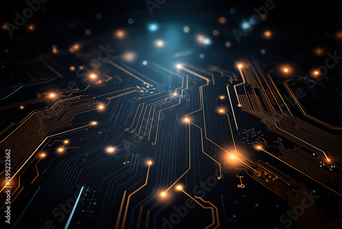 Low‑Key Macro Circuit Board with Glowing Copper Traces and Dark Shadows