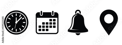 Set of Time, Calendar, Bell, and Location Black Icons