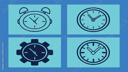 Four different styles of clocks and timekeeping devices on a blue background