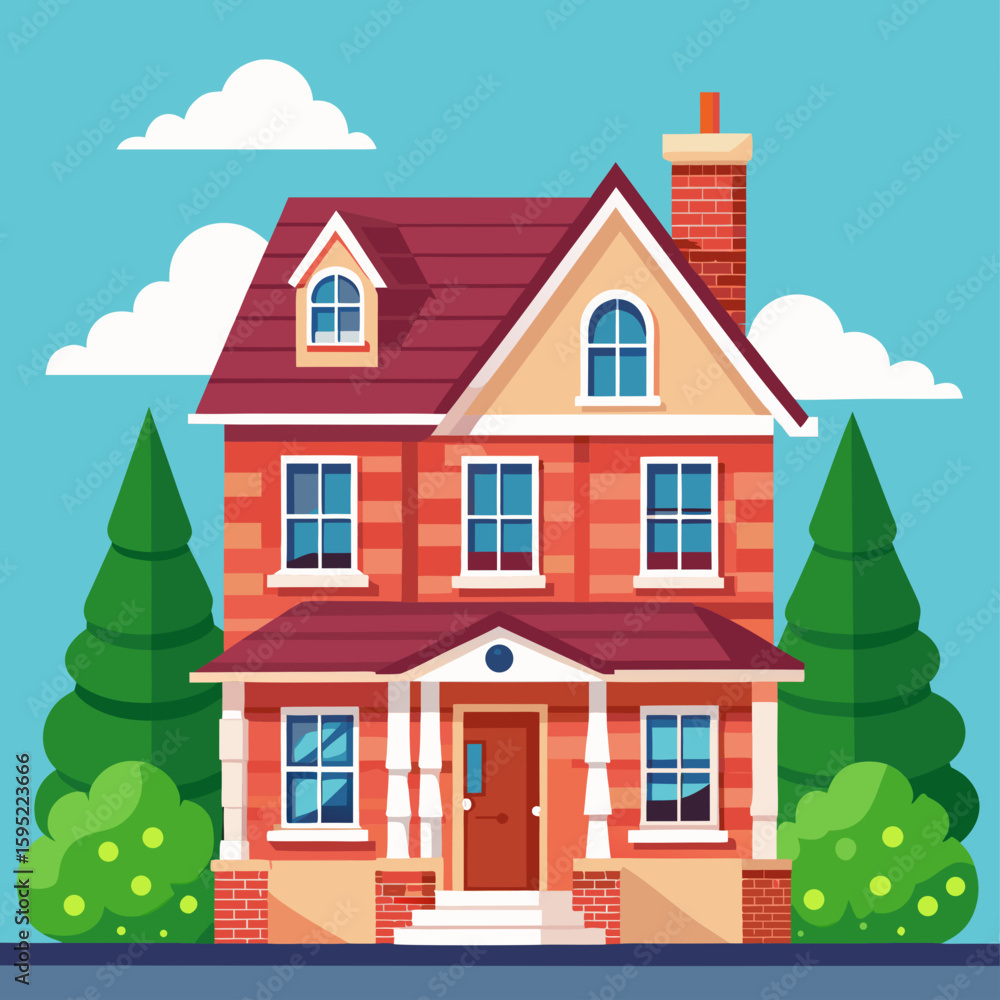 Naklejka premium Charming red brick house with green trees and blue sky