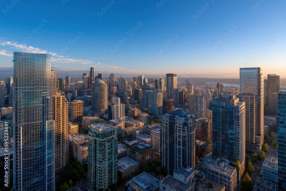 Naklejka premium Expansive aerial view of a modern city skyline bathed in the warm glow of sunrise with clear blue sky