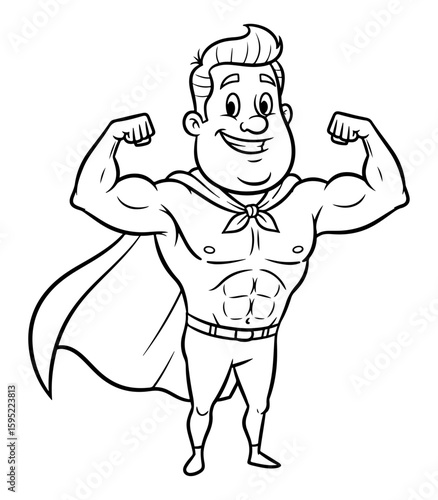 Cartoon Superhero Flexing Muscles in Black and White Outline