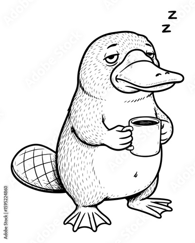 Cartoon Illustration of a Sleepy Platypus Holding a Coffee Cup