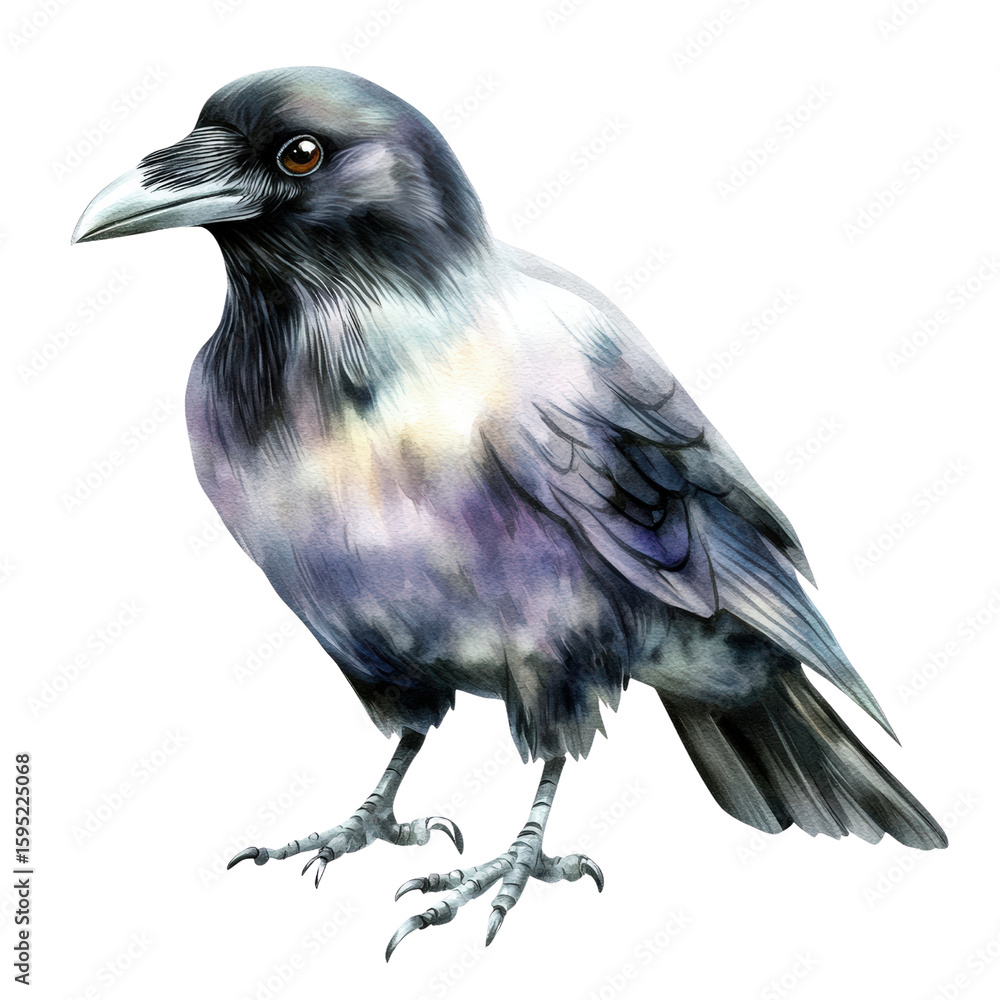 Fototapeta premium Realistic watercolor illustration of a detailed black and white bird with shaded feathers and a beak