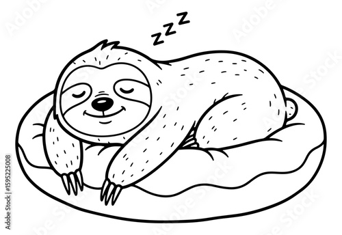 Sleeping Sloth on a Pillow in Black and White Line Art