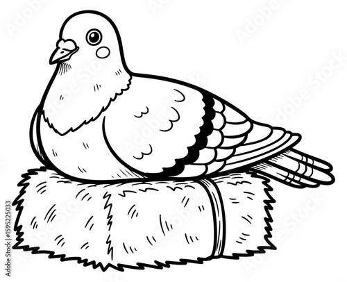 Black and White Cartoon Illustration of a Pigeon Sitting on a Hay Bale
