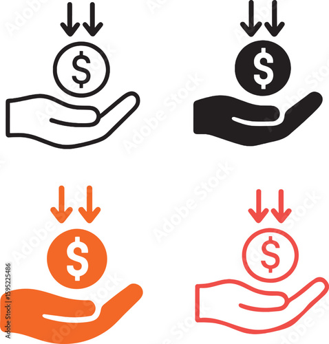 Hand Receiving Money Icon Set – Payment, Income, Finance, Dollar Symbol Vector