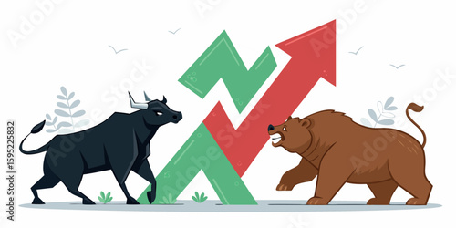 Cartoon angry brown bear and bull confront one another alongside zigzagged rising arrows