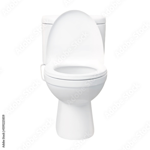 A front view of a white porcelain toilet with the seat up against a black background on transparent background