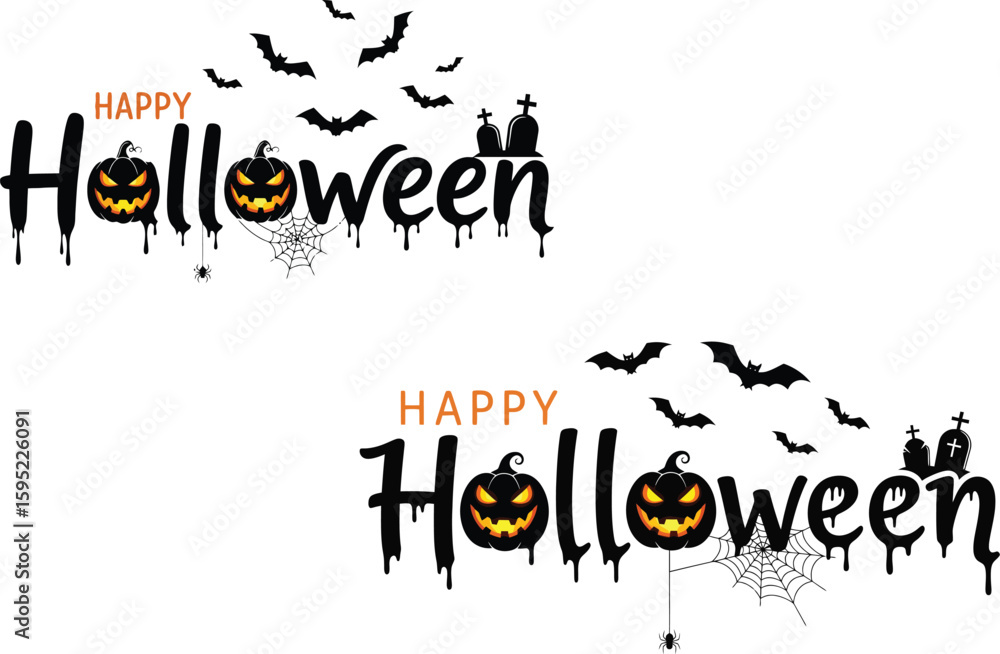 Naklejka premium Happy Halloween features pumpkins, bats, tombstones, spiderwebs and dripping text on white