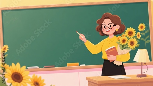Cartoon female teacher giving a lecture at the podium