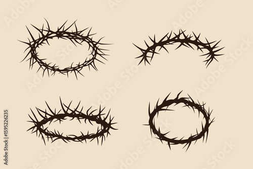 Four thorn crowns display sharp spikes against a soft cream background, creating symbolic imagery