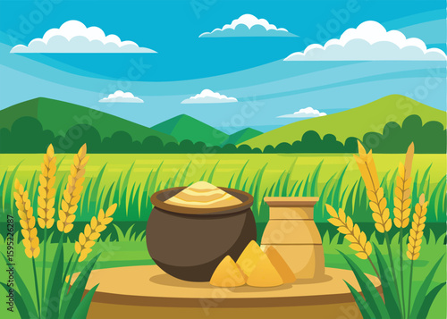 On the table, grain, pot, and dough are shown against a vibrant grassy mountainscape