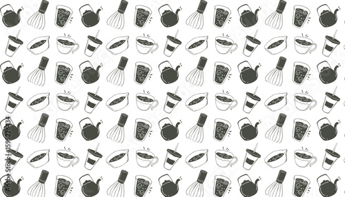 手描きのカフェ・ティータイムパターン - Matcha Pattern