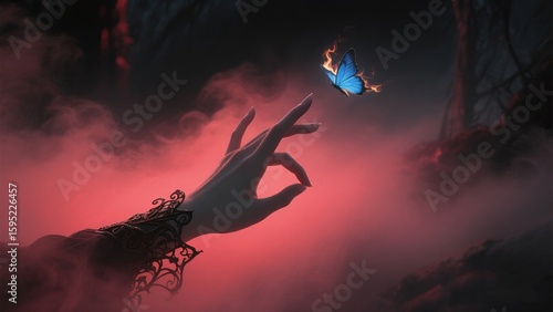 Blue aflame butterfly touched by hand