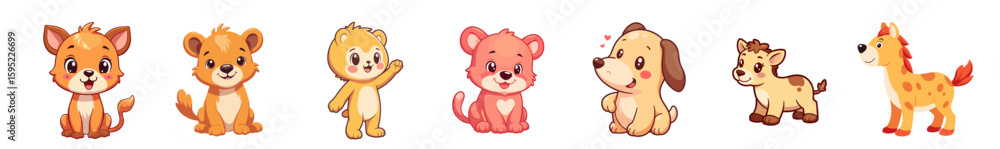 Fototapeta premium Cute cartoon animals in pastel colors on isolated background 