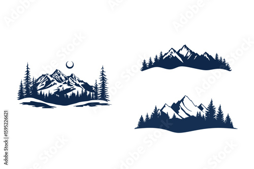Three distinct mountain ranges featuring silhouettes of pine trees against a clean white background
