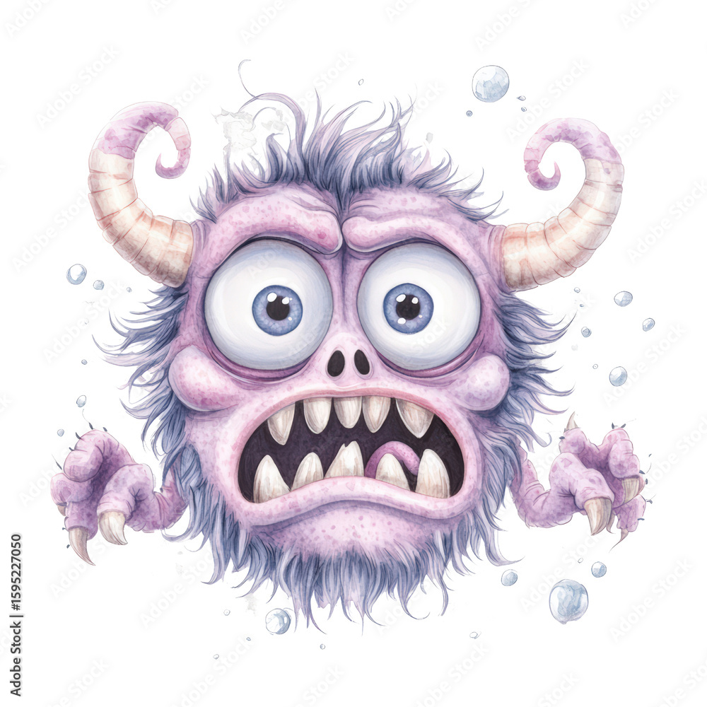Obraz premium Cute creepy cartoon monster with big eyes horns teeth and fluffy purple fur underwater scene