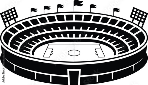 Football Stadium Silhouette Vector – Soccer Arena Icon with Flags and Floodlights