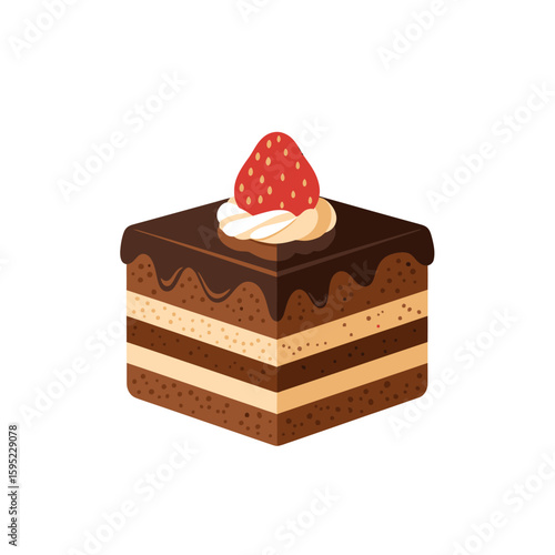 A delicious-looking, chocolate-covered, layered cake, topped with a strawberry.