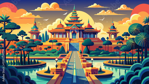 Phnom Penh, Cambodia – Royal palaces and tree-lined boulevards flow beside the Mekong, making a vibrant, regal vector composition.