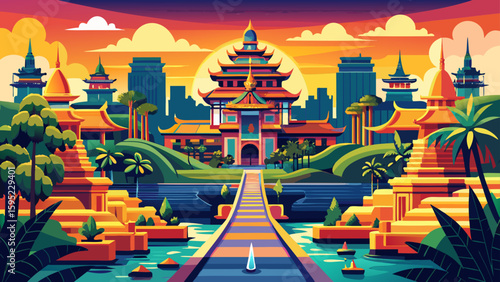 Phnom Penh, Cambodia – Royal palaces and tree-lined boulevards flow beside the Mekong, making a vibrant, regal vector composition.