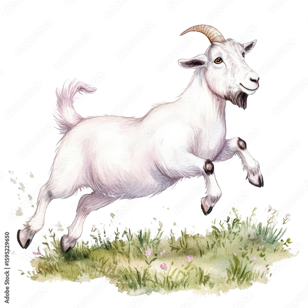 Obraz premium Playful White Goat with Curved Horns Jumping Over Grass Bright Watercolor Illustration