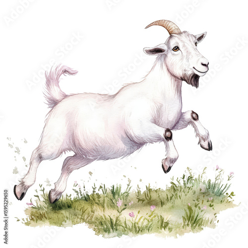 Playful White Goat with Curved Horns Jumping Over Grass Bright Watercolor Illustration