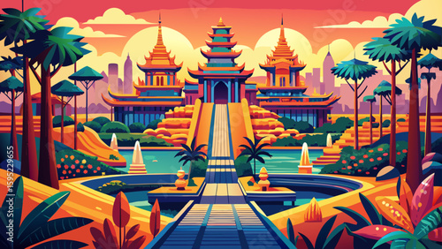 Phnom Penh, Cambodia – Royal palaces and tree-lined boulevards flow beside the Mekong, making a vibrant, regal vector composition.