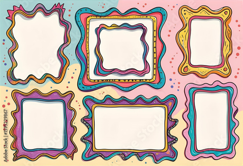 a set of stylized, hand-drawn frames in various colors and patterns, including wavy, jagged, and dotted borders