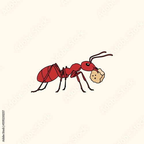 A cartoon ant, colored red, carrying a piece of food, ready to work.