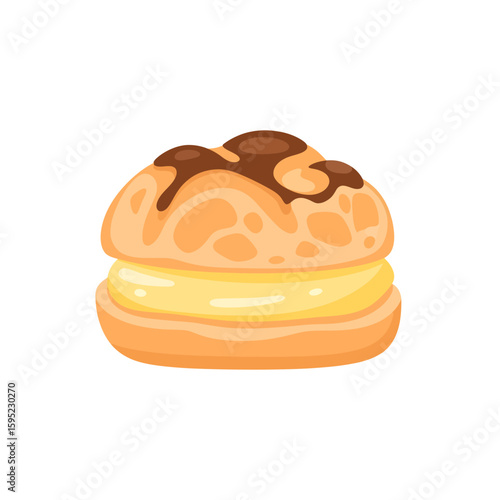 Cream puff pastry with vanilla custard filling and chocolate drizzle topping.