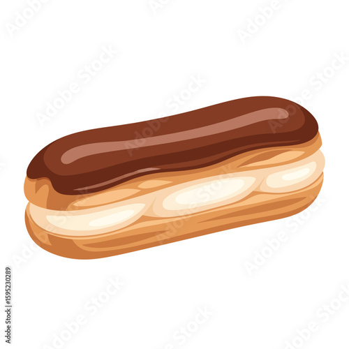 A vector illustration of a chocolate-covered eclair filled with cream, isolated on a white background.
